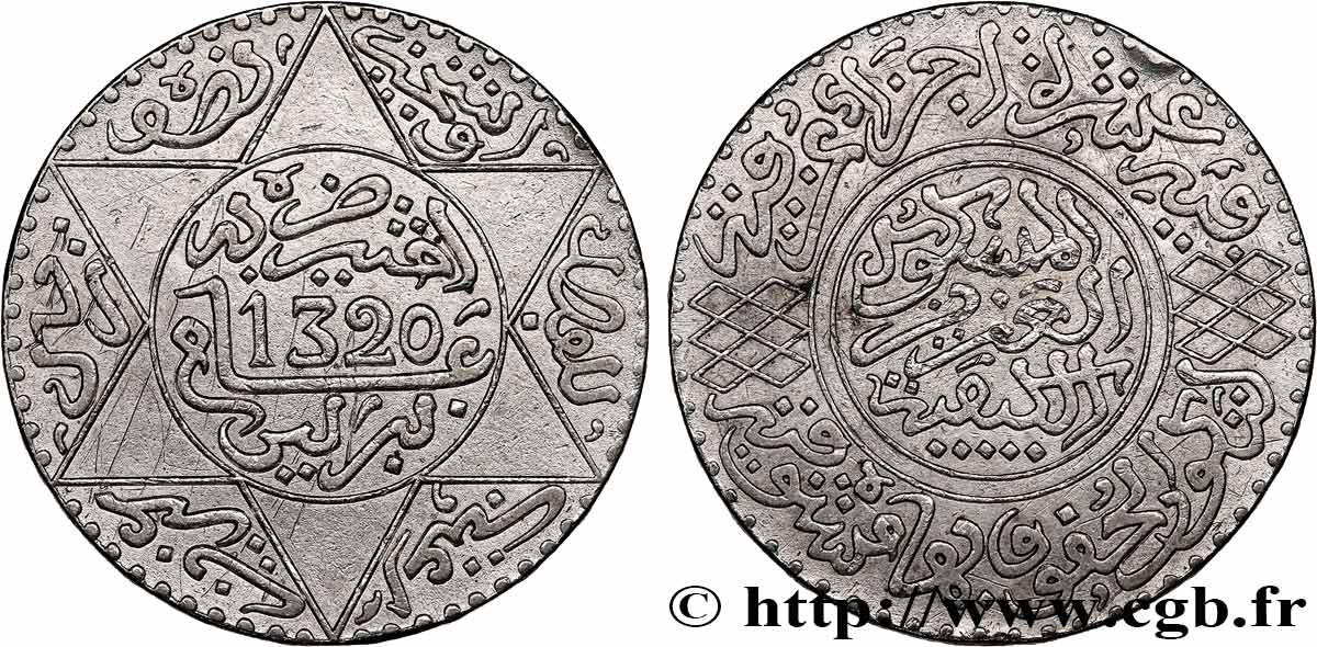 MOROCCO 5 Dirhams (1/2 Rial) Abdul Aziz I an 1320 1902 Berlin AU 