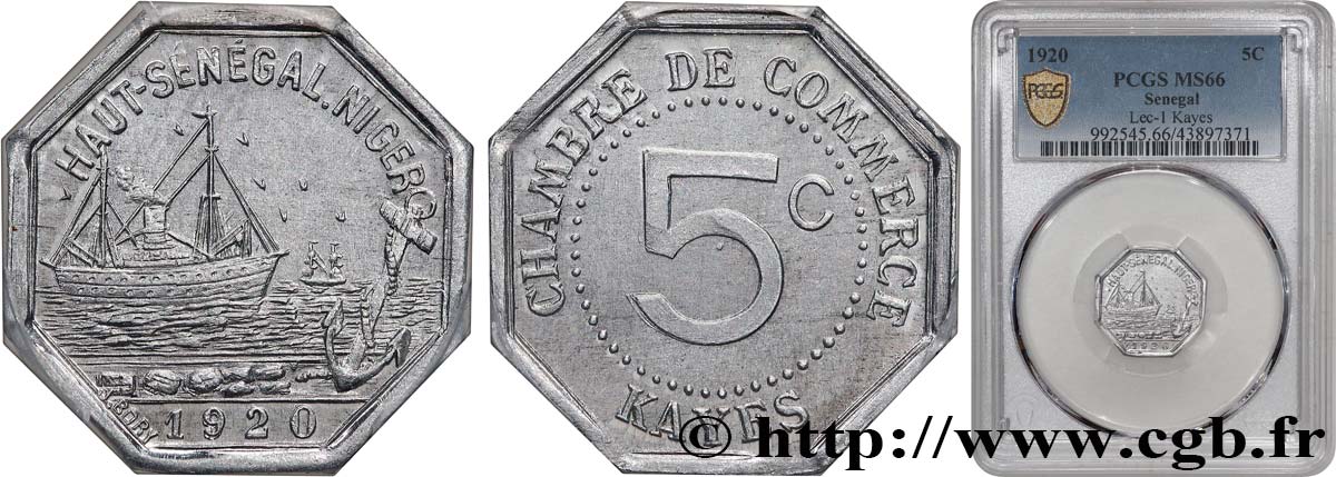 FRENCH AFRICA - SENEGAL 5 Centimes Chambre de Commerce Kayes 1920  MS66 PCGS