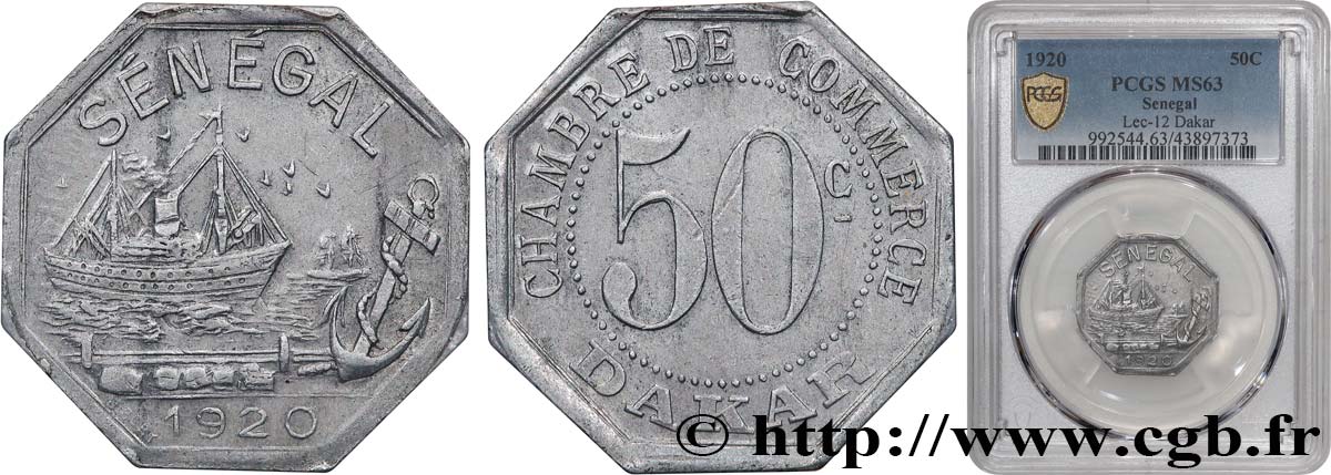 FRENCH AFRICA - SENEGAL 50 Centimes Chambre de Commerce de Dakar 1920 DAKAR MS63 PCGS