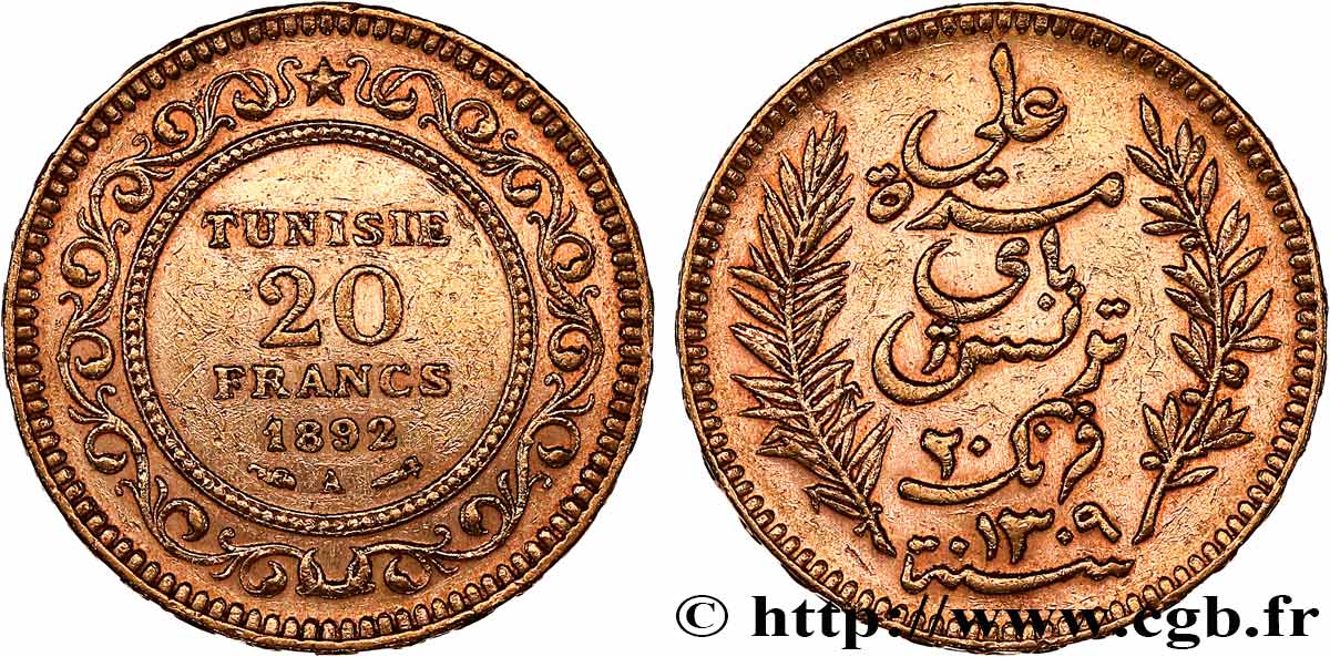 GOLD, PALLADIUM & PLATINUM INVESTMENT 20 Francs or Bey Ali AH1310 1892 Paris XF