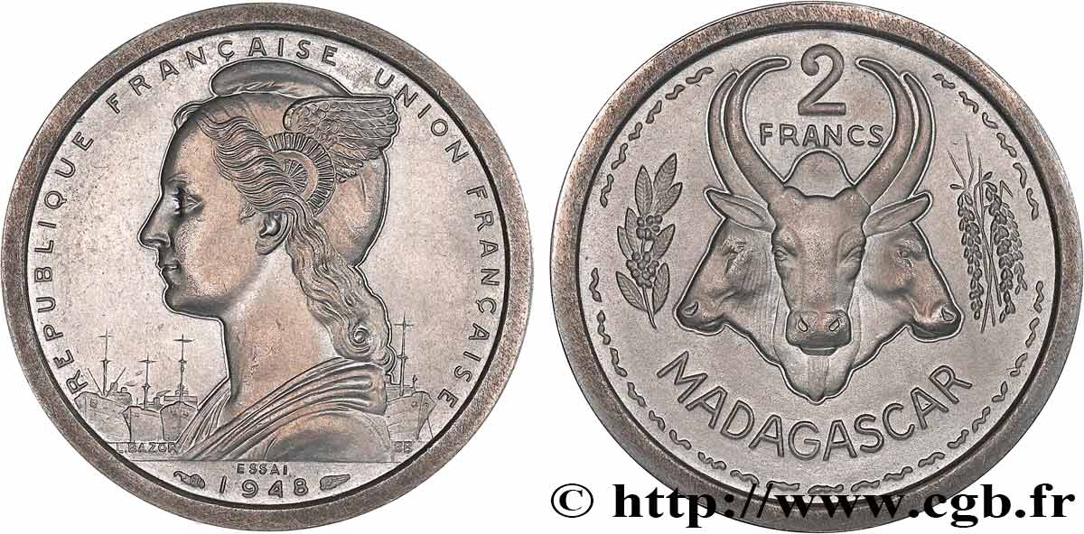 MADAGASCAR French Union Essai Piefort de 2 Francs 1948 Paris MS 