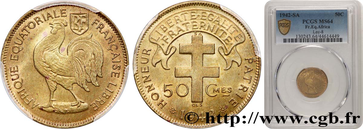 FRENCH EQUATORIAL AFRICA - FREE FRANCE  50 Centimes 1942 Prétoria MS64 PCGS