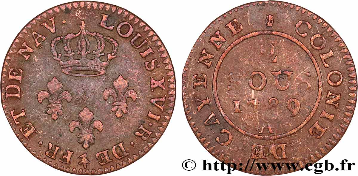 FRENCH GUYANA 2 Sous colonie de Cayenne 2e type 1789 Paris - A VF