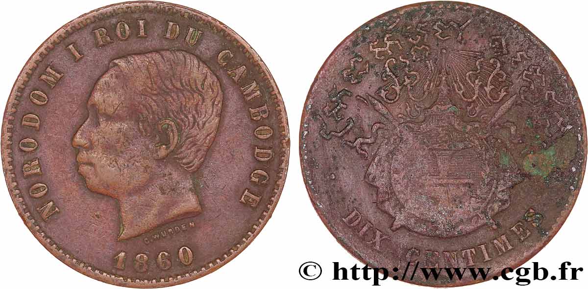 CAMBOGIA 10 Centimes Norodom Ier 1860 Bruxelles (?) MB 