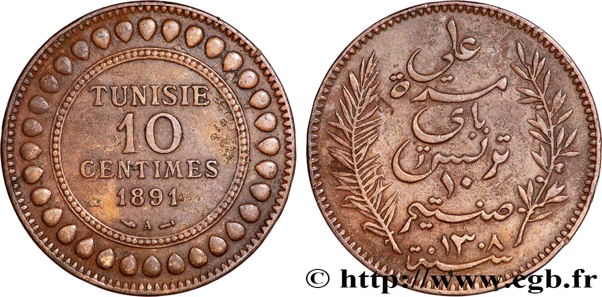 TUNISIA - Protettorato Francese 10 Centimes AH1308 1891 Paris BB