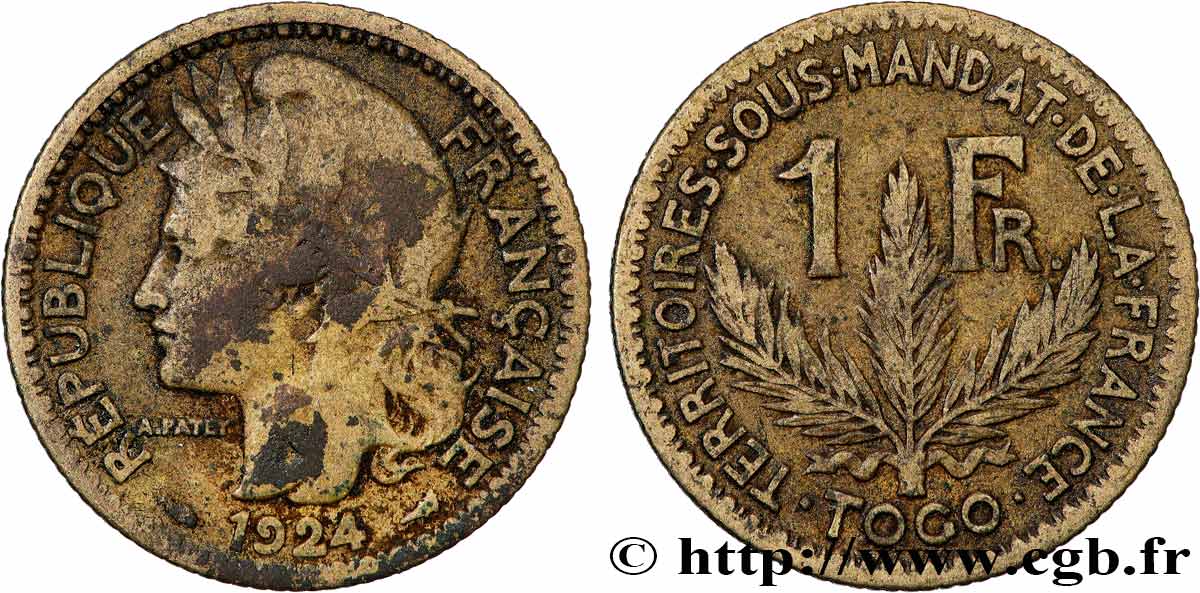 TOGO - FRENCH MANDATE TERRITORIES 1 Franc 1924 Paris VF