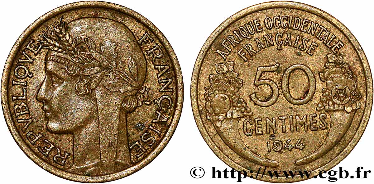 AFRIQUE OCCIDENTALE FRANÇAISE 50 Centimes Morlon 1944 Londres TTB