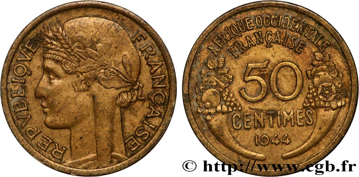 AFRIQUE OCCIDENTALE FRANÇAISE 50 Centimes Morlon 1944 Londres TTB