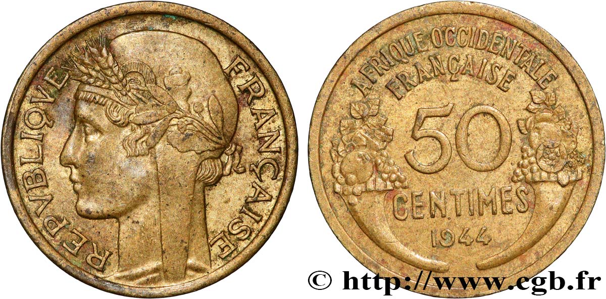 AFRIQUE OCCIDENTALE FRANÇAISE 50 Centimes Morlon 1944 Londres TTB