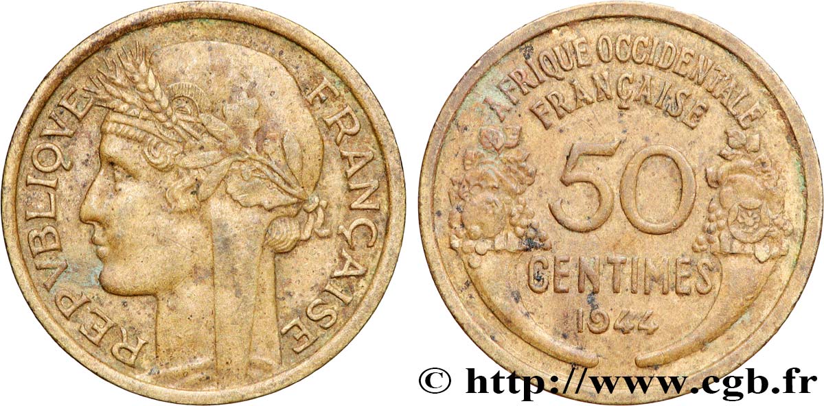 AFRIQUE OCCIDENTALE FRANÇAISE 50 Centimes Morlon 1944 Londres TTB