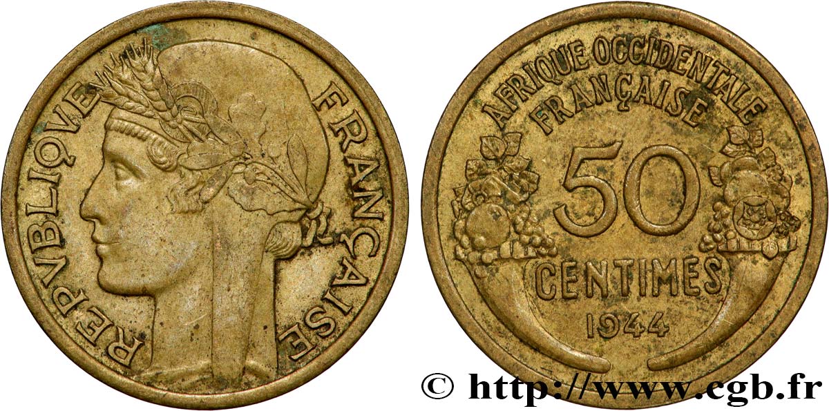 AFRIQUE OCCIDENTALE FRANÇAISE 50 Centimes Morlon 1944 Londres TTB