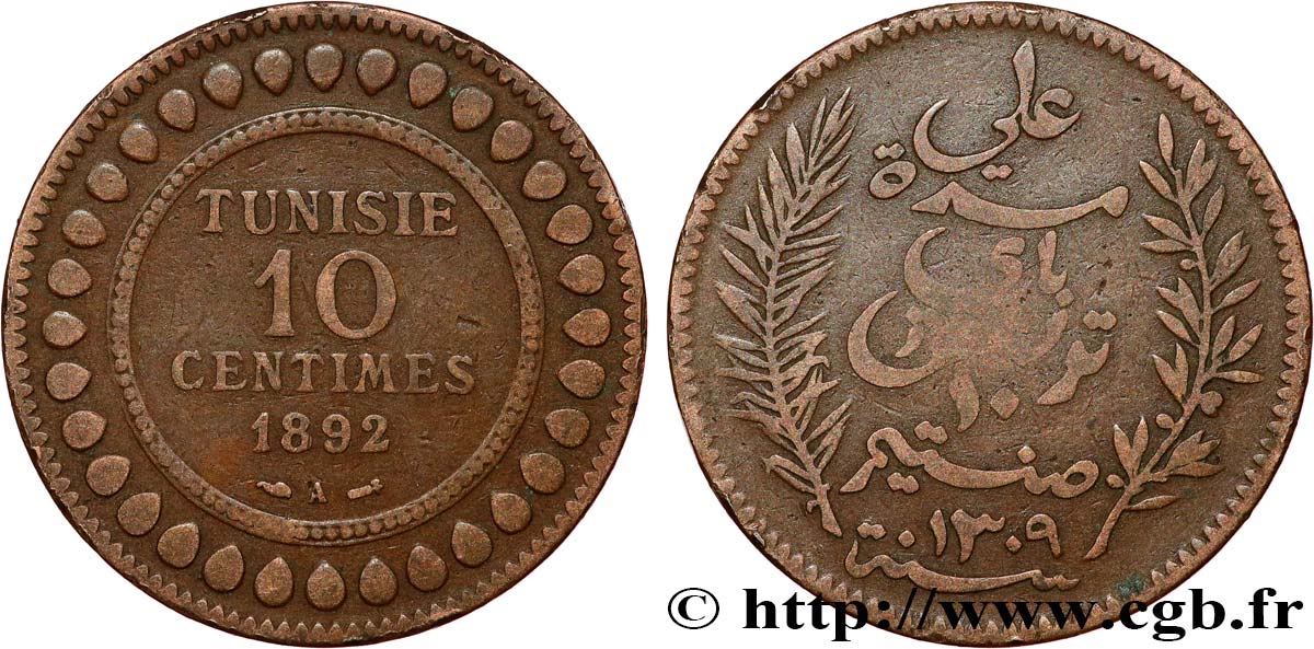 TUNESIEN - Französische Protektorate 10 Centimes AH1309 1892 Paris fSS