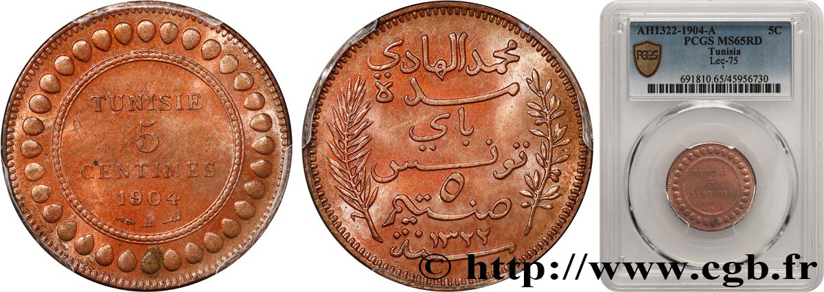 TUNISIA - Protettorato Francese 5 Centimes AH1322 1904 Paris FDC65 PCGS