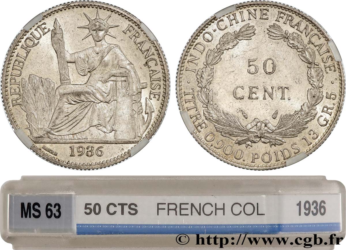 FRENCH INDOCHINA 50 Centièmes 1936 Paris MS63 GENI