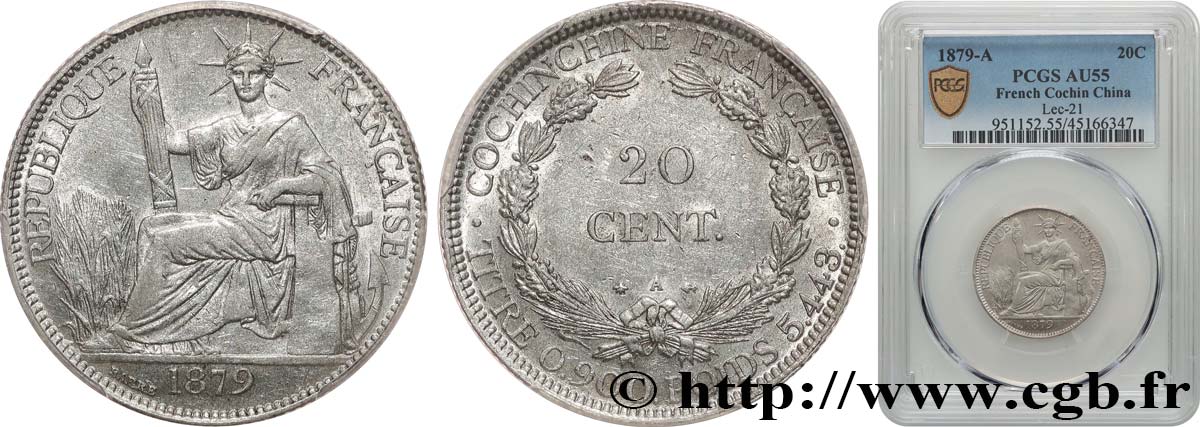 FRENCH COCHINCHINA 20 Centimes 1879 Paris AU55 PCGS