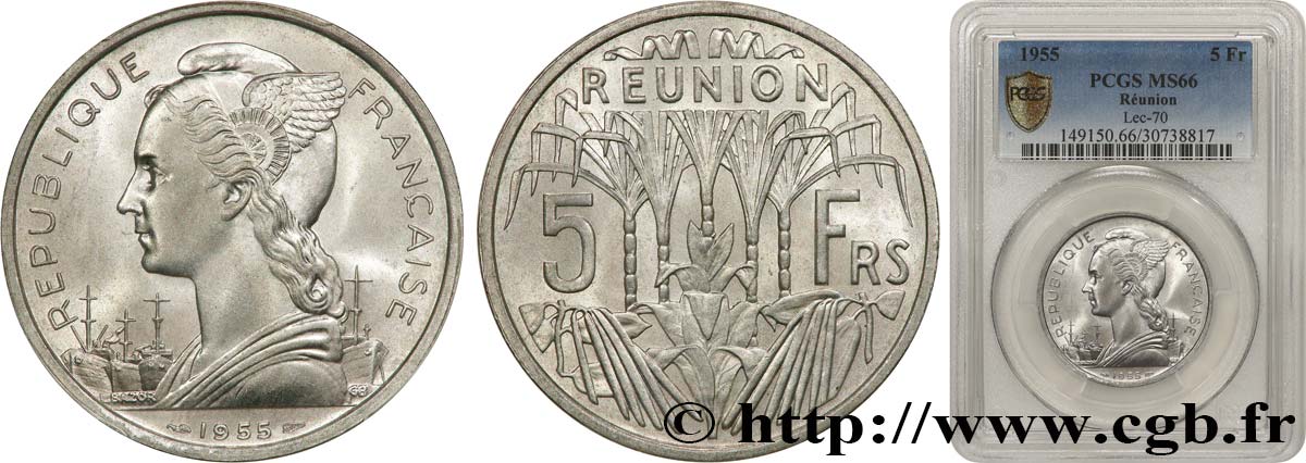 REUNION ISLAND 5 Francs 1955 Paris MS66 PCGS