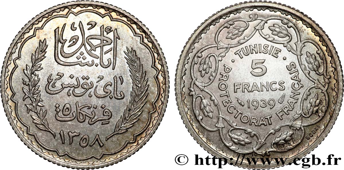 TUNISIA - Protettorato Francese Essai 5 Francs argent au nom de Ahmed Bey AH 1358 1939 Paris MS 