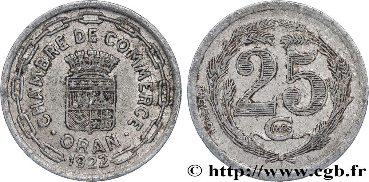 ALGERIA 25 Centimes Chambre de Commerce d’Oran 1922 XF