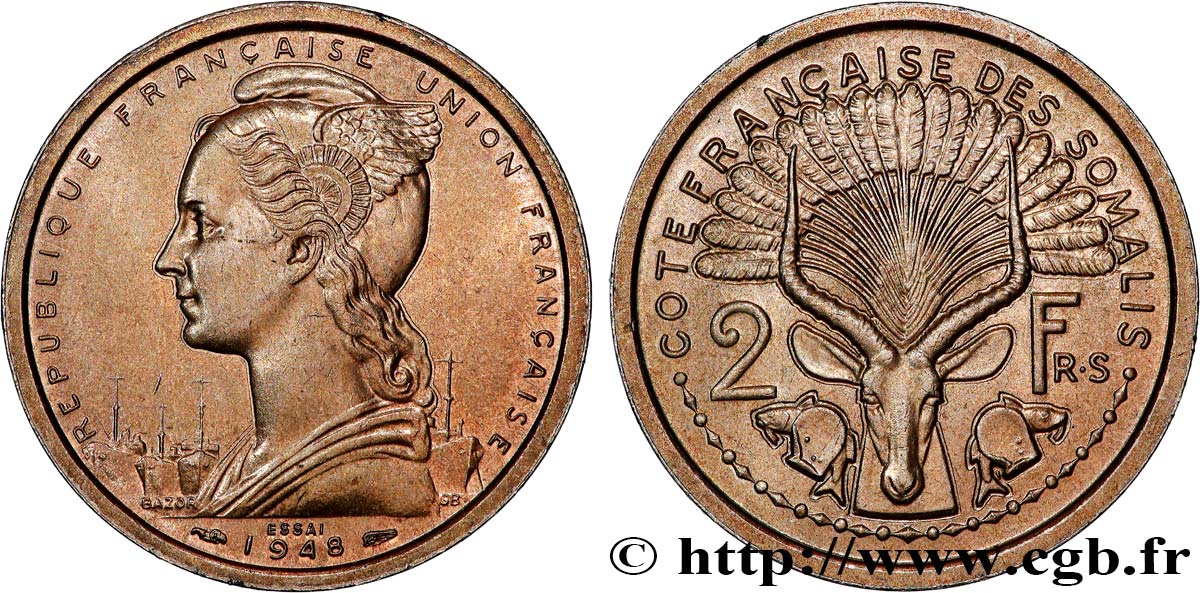 CÔTE FRANÇAISE DES SOMALIS Essai de 2 Francs 1948 Paris SPL