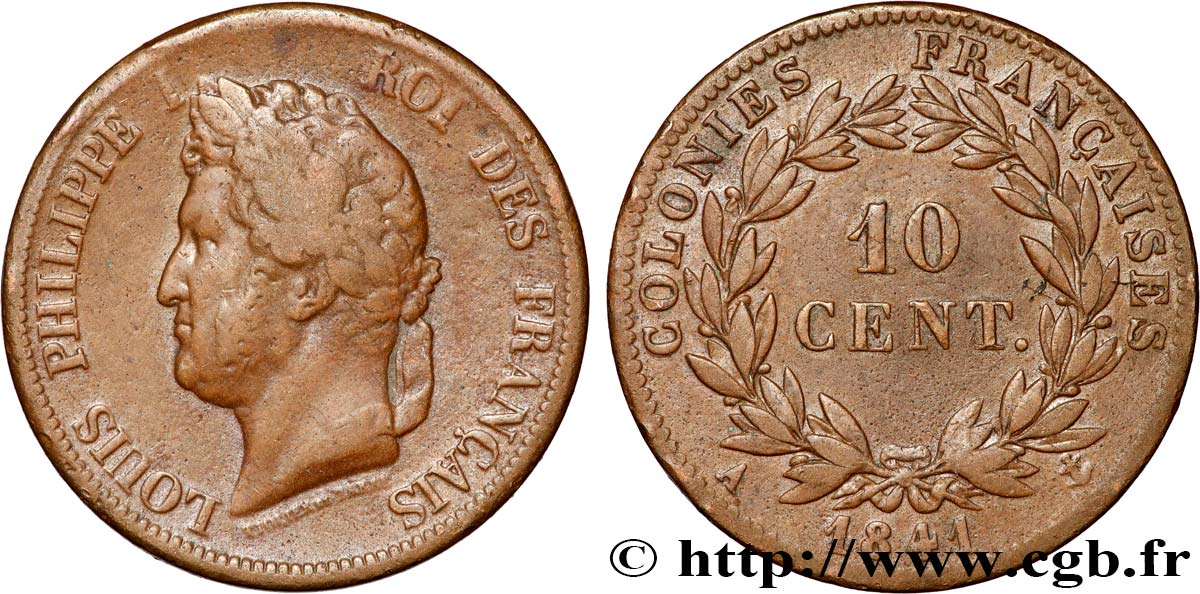COLONIES FRANÇAISES - Louis-Philippe pour la Guadeloupe 10 Centimes 1841 Paris TTB