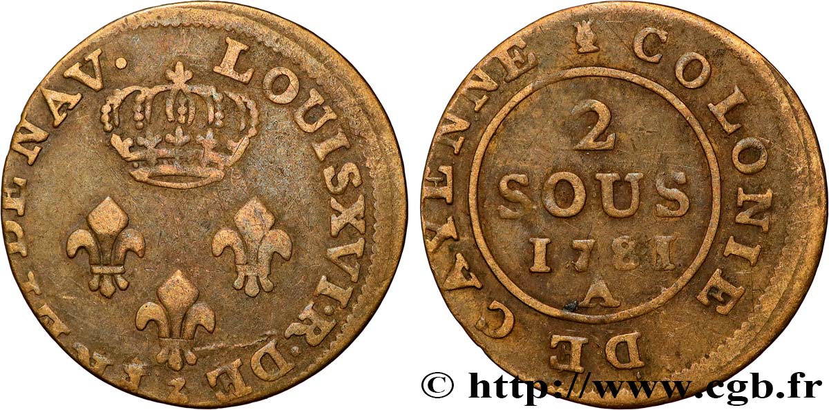 GUYANE FRANÇAISE Faux 2 Sous colonies de Cayenne 1e type 1781 Paris - A TB+