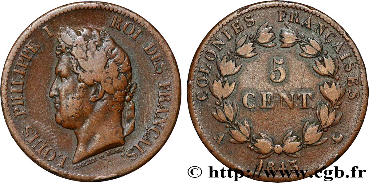 COLONIES FRANÇAISES - Louis-Philippe, pour les Îles Marquises 5 Centimes 1843 Paris TB+