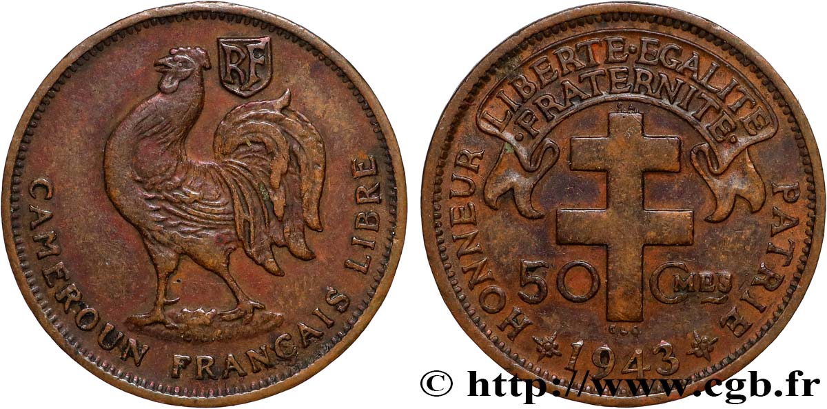 CAMEROUN - TERRITOIRES SOUS MANDAT FRANÇAIS 50 Centimes ‘Cameroun Français Libre’ 1943 Prétoria TTB+