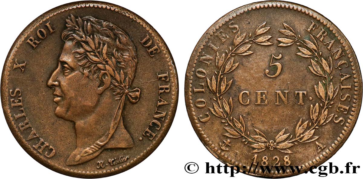 COLONIES FRANÇAISES - Charles X, pour la Guyane 5 Centimes Charles X 1828 Paris - A TTB