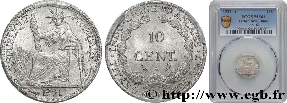 INDOCHINE FRANÇAISE 10 Centièmes 1921 Paris SPL64 PCGS