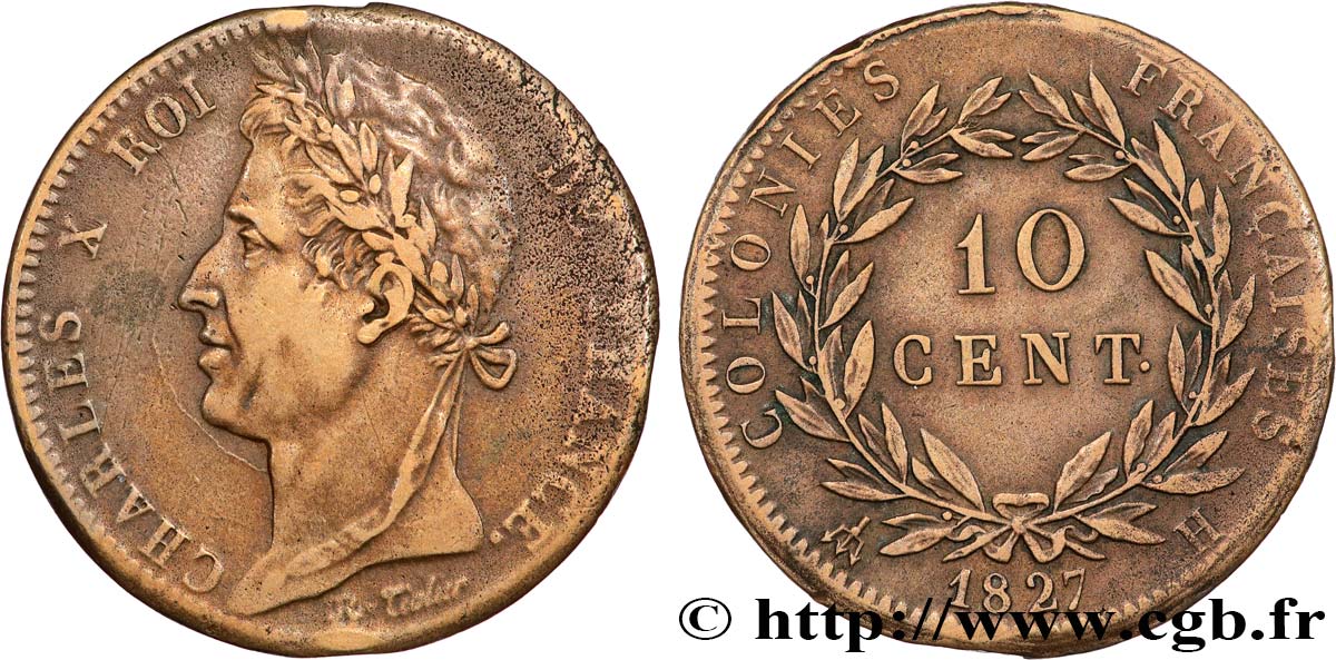 COLONIE FRANCESI - Carlo X, per Martinica e Guadalupa 10 Centimes Charles X 1827 La Rochelle - H BB 