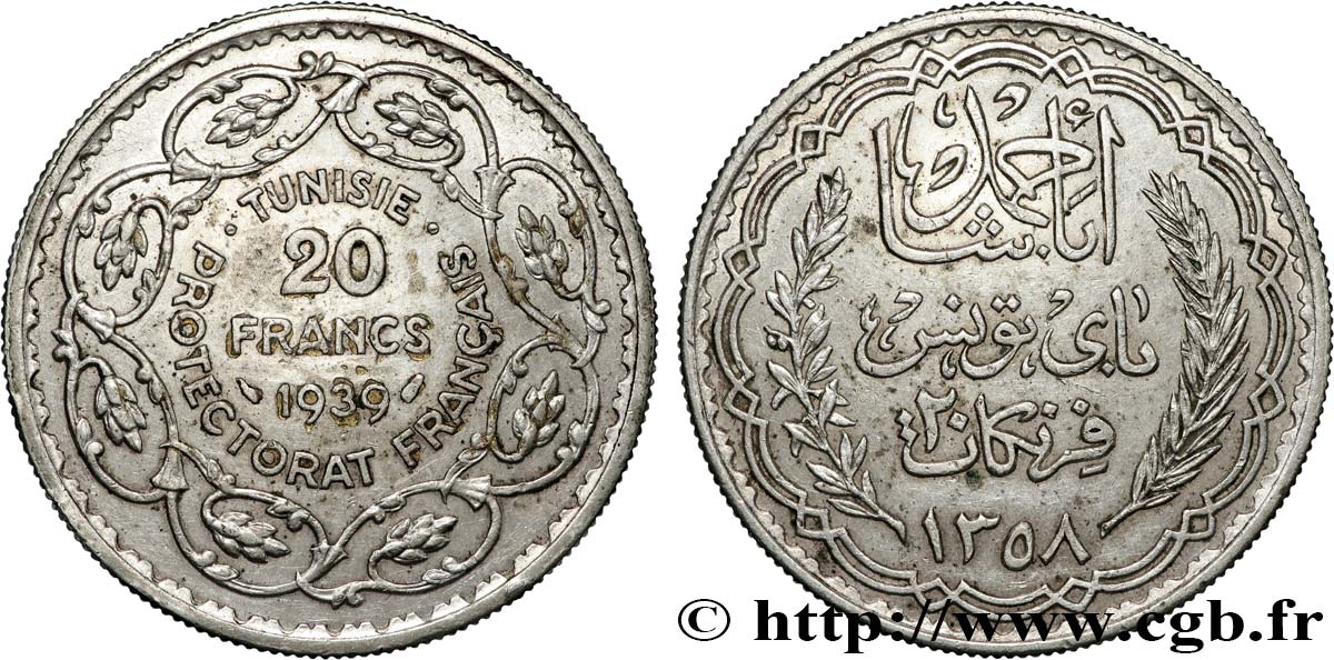 TUNEZ - Protectorado Frances 20 Francs au nom du  Bey Ahmed an 1358 1939 Paris MBC+ 