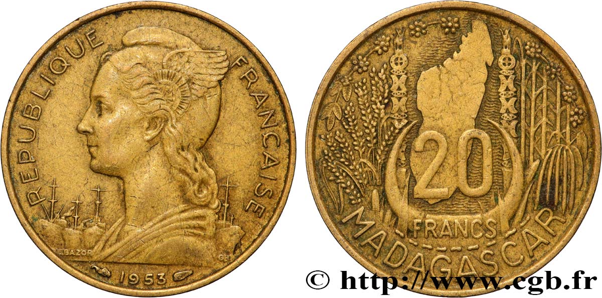 MADAGASCAR - UNIóN FRANCESA 20 Francs 1953 Paris BC+ 