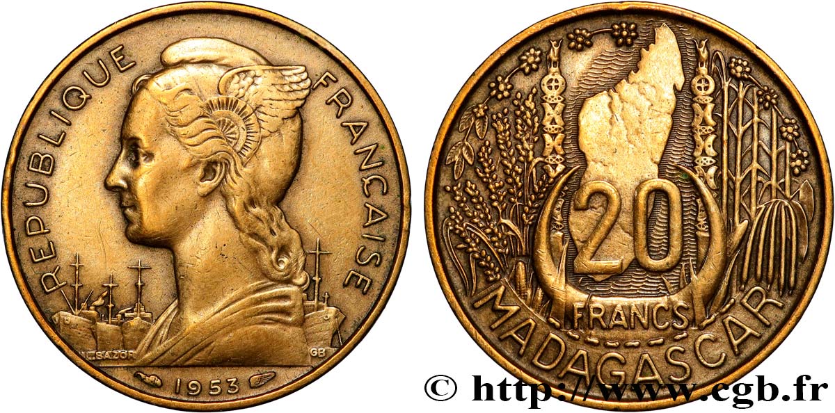 MADAGASCAR French Union 20 Francs 1953 Paris VF