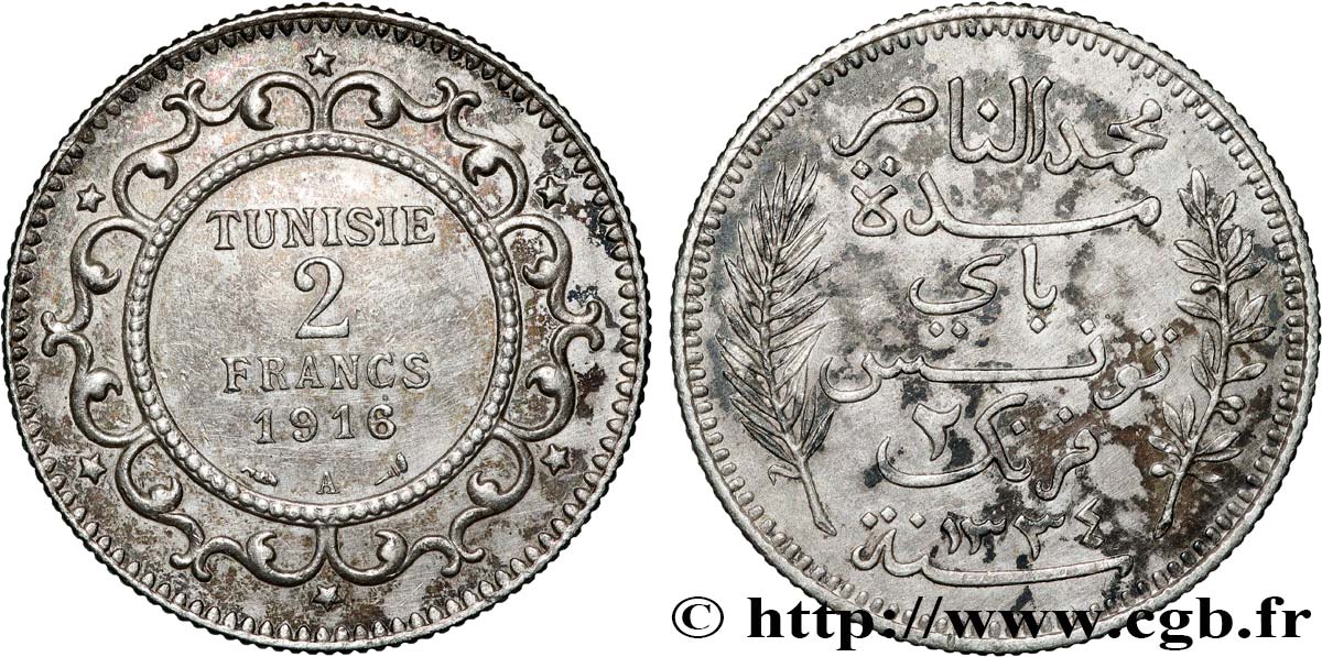 TUNEZ - Protectorado Frances 2 Francs au nom du Bey Mohamed En-Naceur an 1334 1916 Paris - A MBC+