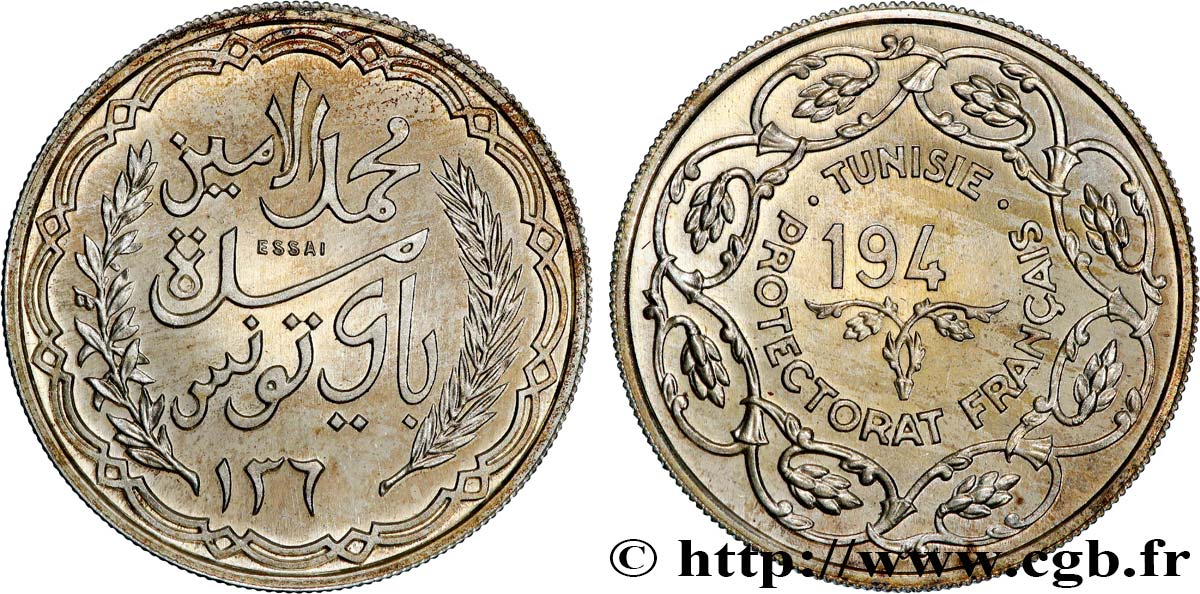 TUNISIA - French protectorate Essai au module de 10 Francs, poids 10 grammes 194 (5) Paris MS 