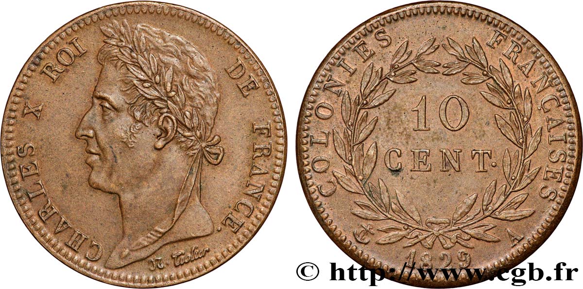 COLONIAS FRANCESAS - Charles X, para Guayana 10 Centimes Charles X 1829 Paris MBC+ 