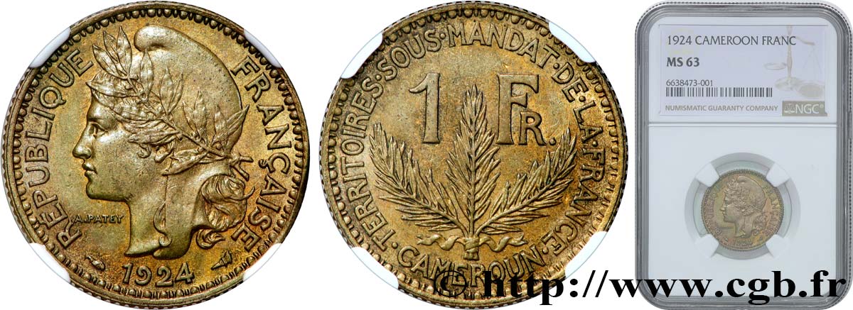 CAMEROON - FRENCH MANDATE TERRITORIES 1 Franc 1924 Paris MS63 NGC