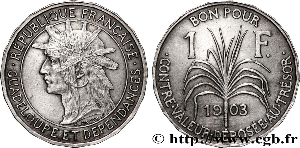 GUADELOUPE Essai 20 pans de 1 franc en vieil argent 1903 Paris VZ+ 