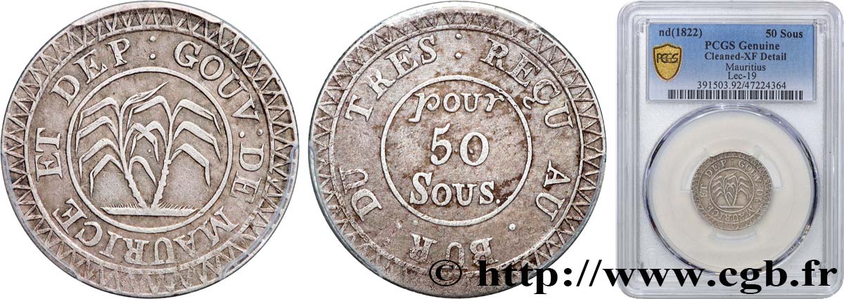MAURITIUS 50 Sous 1822 Calcutta EBC PCGS