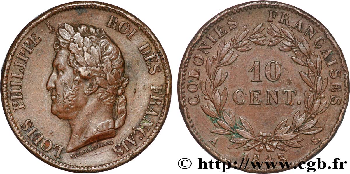 COLONIAS FRANCESAS - Louis-Philippe, para las Islas Marquesas 10 Centimes 1843 Paris MBC 