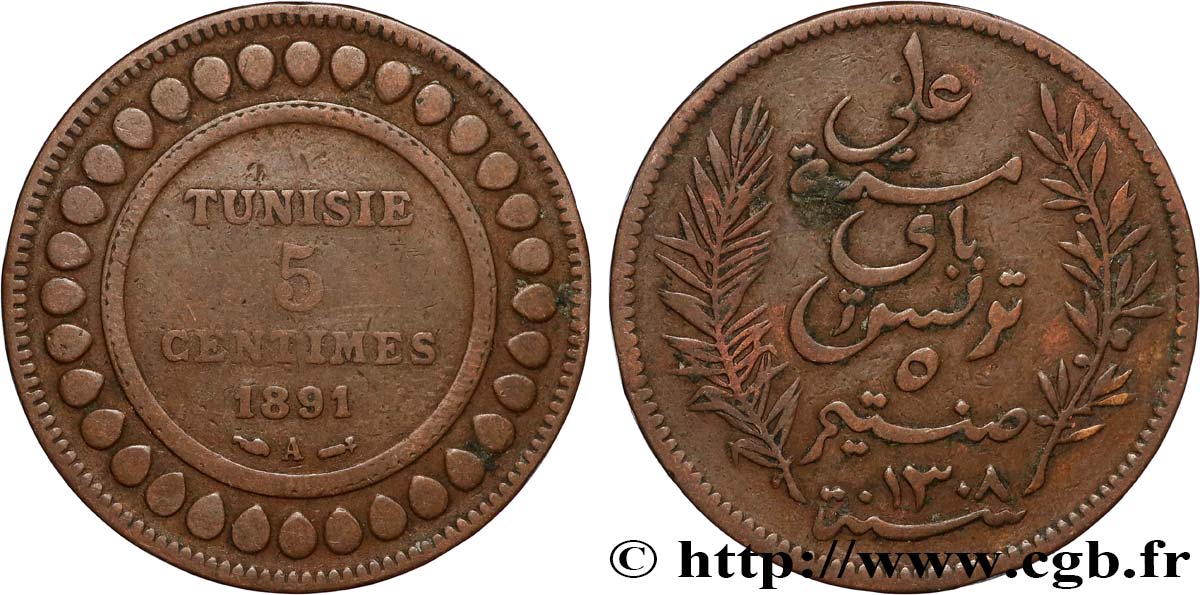 TUNISIA - French protectorate 5 Centimes AH 1308 1891 Paris VF