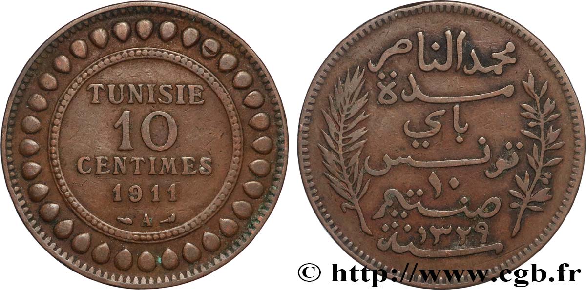 TUNISIA - French protectorate 10 Centimes AH1329 1911 Paris XF
