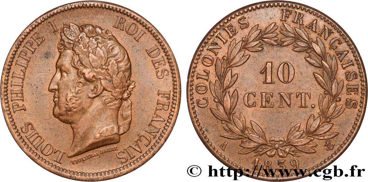 COLONIE FRANCESI - Luigi Filippo, per Guadalupa 10 Centimes Louis-Philippe 1839 Paris q.SPL 
