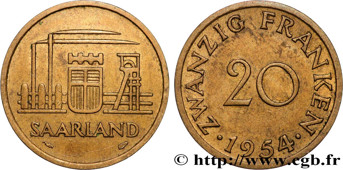 SAARLAND 20 Franken 1954 Paris q.SPL