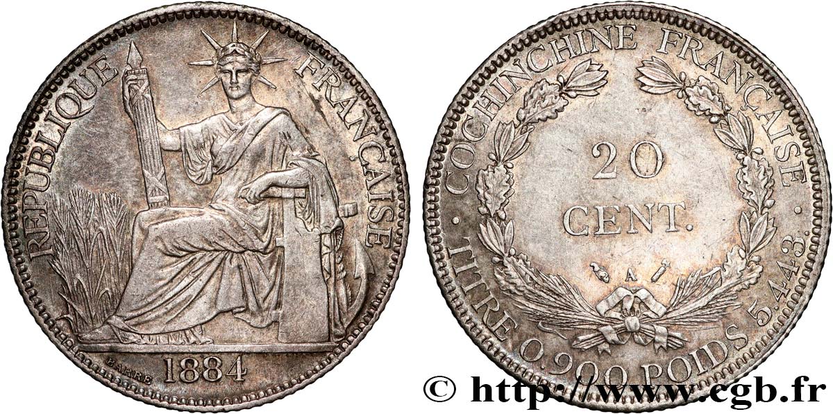 FRANZÖSISCHE COCHINCHINA 20 Centimes 1884 Paris fVZ