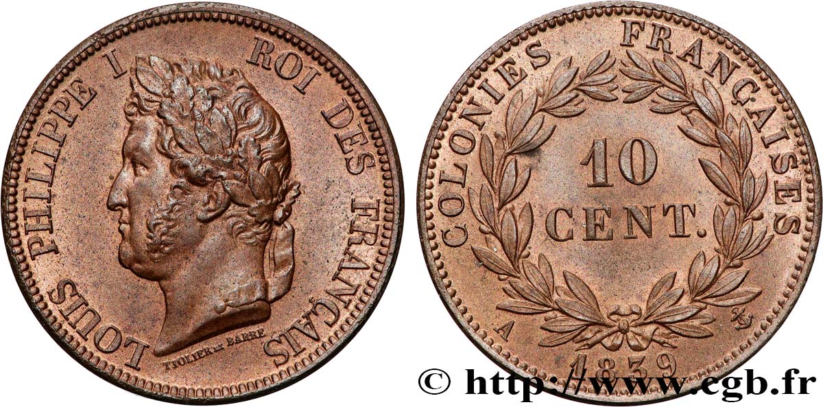 COLONIE FRANCESI - Luigi Filippo, per Guadalupa 10 Centimes 1839 Paris MS 