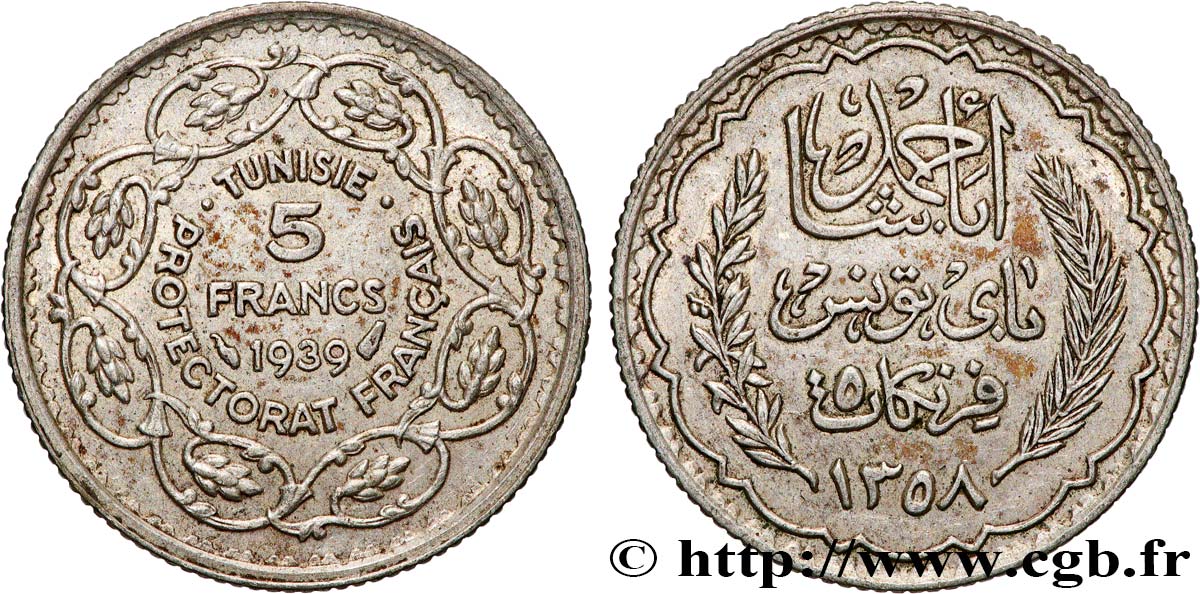 TUNEZ - Protectorado Frances 5 Francs AH 1358 1939 Paris MBC