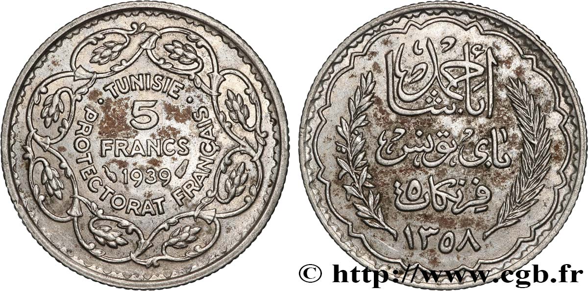 TUNISIE - PROTECTORAT FRANÇAIS 5 Francs AH 1358 1939 Paris TTB 