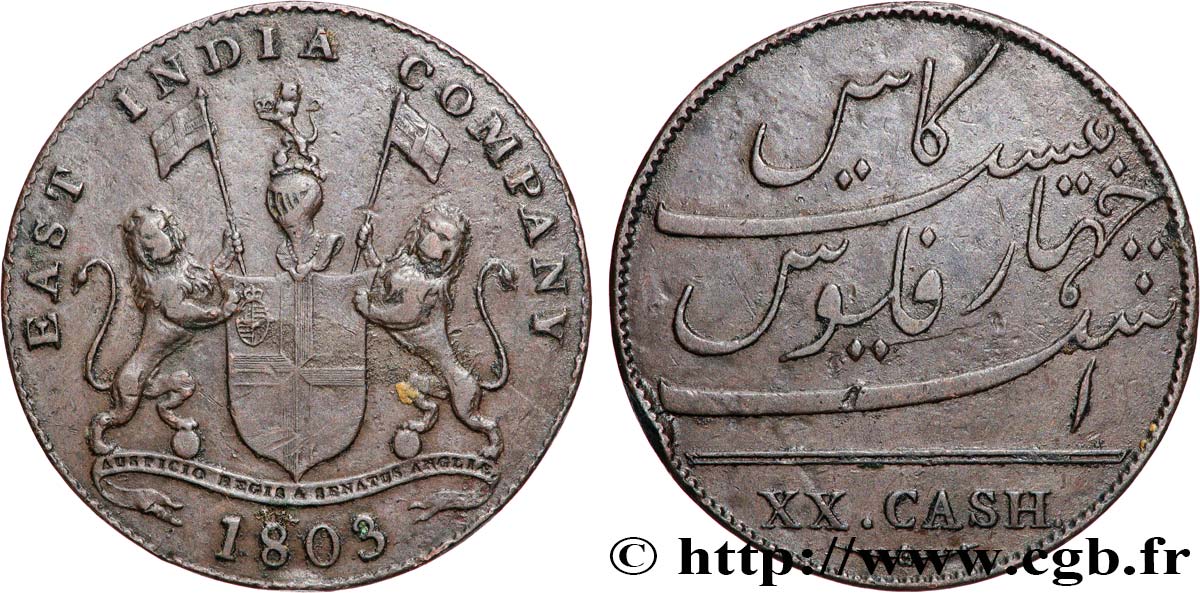 ÎLE DE FRANCE (ÎLE MAURICE) XX (20) Cash East India Company 1803 Madras TB+ 