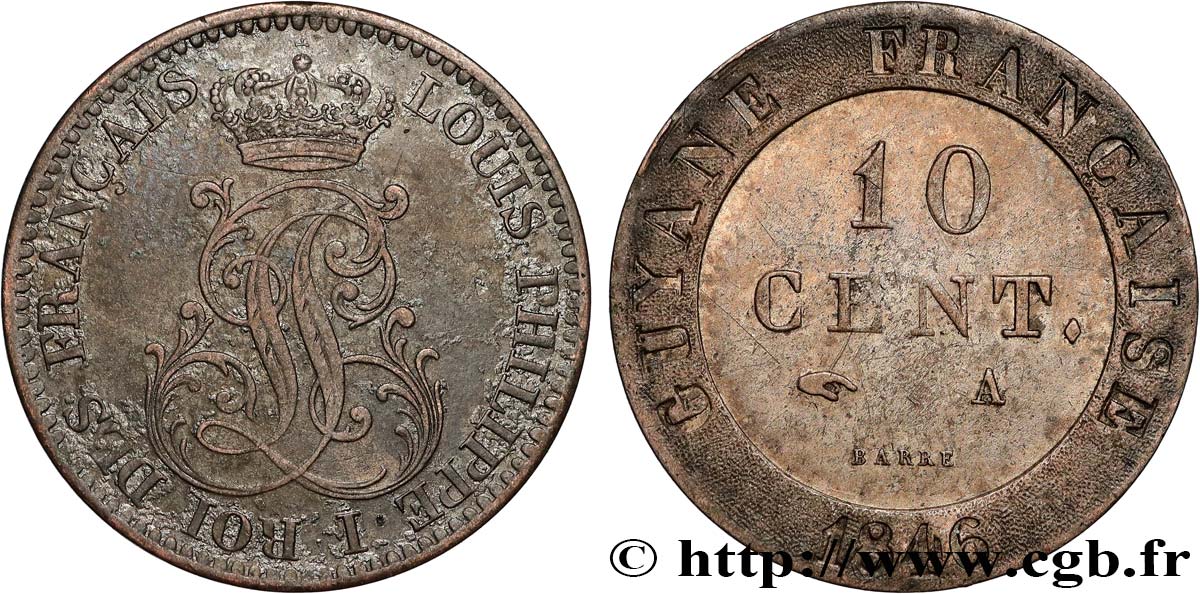 FRENCH GUYANA 10 Cent. (imes) Louis-Philippe 1846 Paris XF 